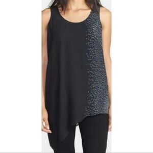 Eileen Fisher Black Silk Asymmetrical Hem Dapple Printed Tunic Top Size M